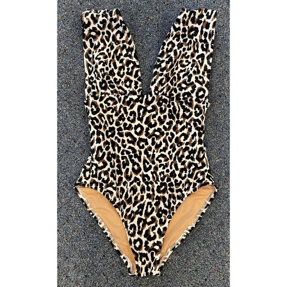 J.Crew Bathing Suit Swim One Piece Plunge Neckline Brown Black Animal Print XS - Picture 1 of 6